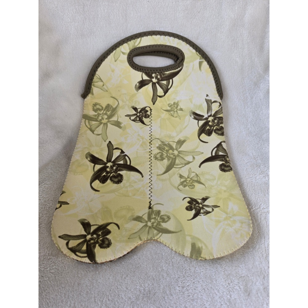 Built NY Neoprene Double Wine Bottle Tote Insulated Floral Orchid Yellow Brown
